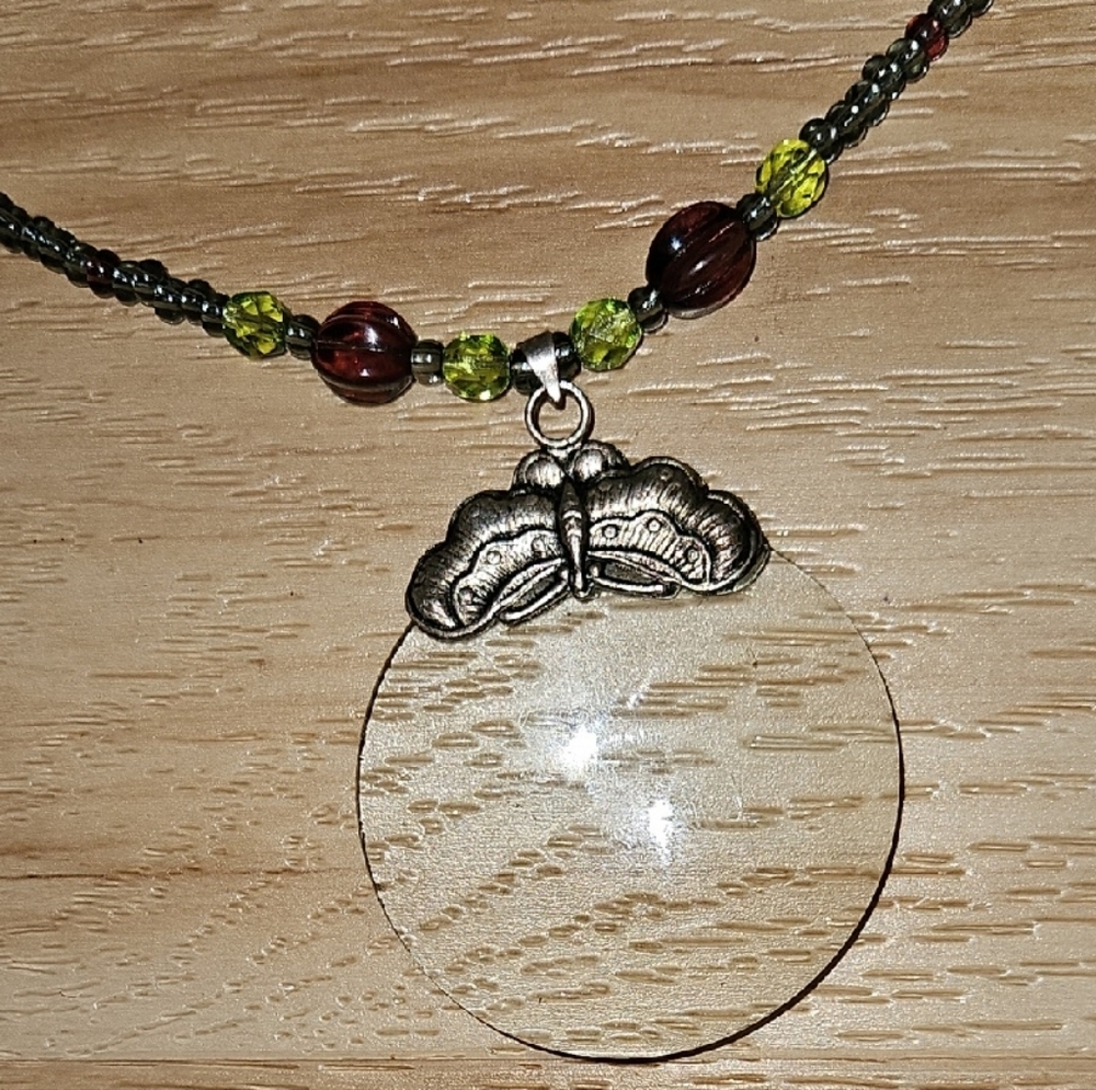 Butterfly Pendant Necklace with Green and Silver Beads